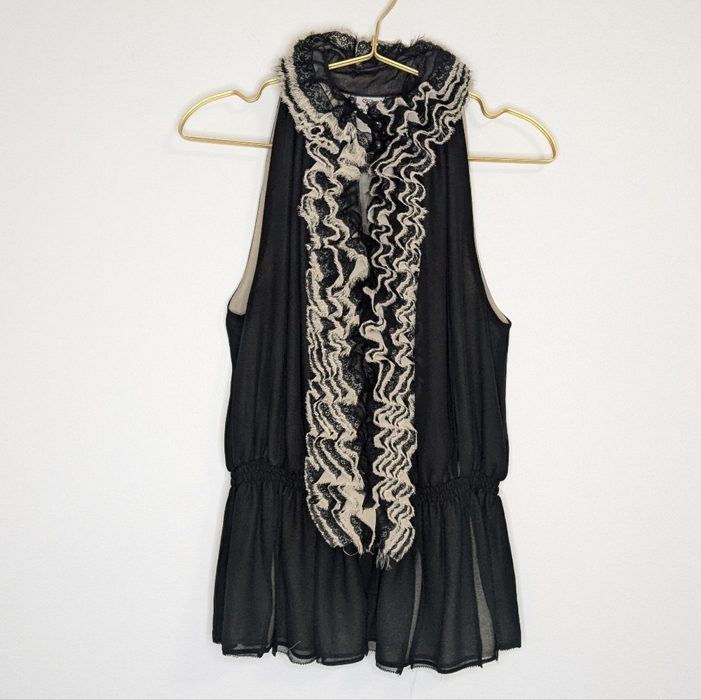 Robert Rodriguez Neiman Marcus x Target M Black & Tan Ruffled High Neck Blouse